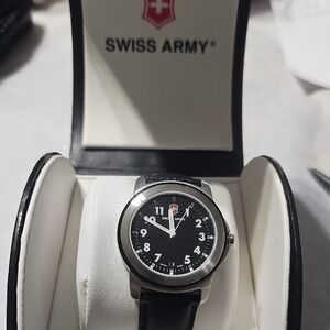 Swiss Army Black and Silver Watch with Leather Strap